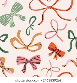 Vector colorful Bow knots, gift bows seamless pattern. Hand drawn bow repeated illustration. Wedding celebration, holiday, party decoration, gift, present concept. 