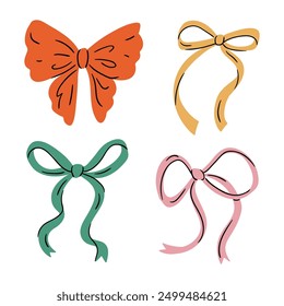 Vector colorful Bow knots, gift bows collection. Hand drawn bow design set isolated on white background Wedding celebration, holiday, party decoration, gift, present concept. 