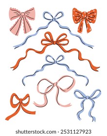 Vector colorful Bow knots, gift bows collection. Hand drawn coquette bow design set isolated on white background. Wedding celebration, holiday, party decoration, gift, present concept. 