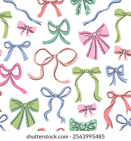 Vector colorful Bow knots, gift bows collection. Hand drawn coquette bow design set isolated on white background. Wedding celebration, holiday, party decoration, gift, present concept. 