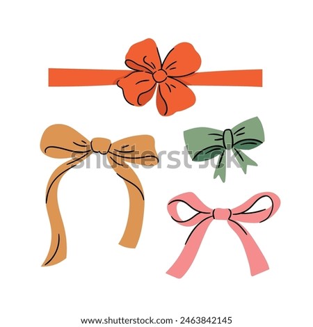Vector colorful Bow knots, gift bows collection. Hand drawn bow set on white background Wedding celebration, holiday, party decoration, gift, present concept. 
