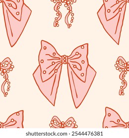 Vetor colorido Bow knots, rosa presente fita arcos padrão sem costura. Mão desenhada arco ilustração repetida. Celebração de casamento, feriado, presente de decoração de festa, conceito presente. Fundo de coquette feminino