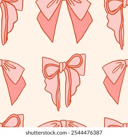 Vector de nudos de arco de colores, cinta de regalo rosa arcos patrón sin fisuras. Dibujado a mano ilustración repetida de arco. Celebración de la Boda, día de fiesta, regalo de decoración del partido, concepto presente. Fondo de coqueta femenina