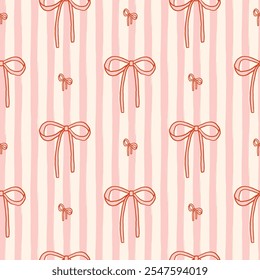 Vector colorful Bow knots, pink gift ribbon bows seamless pattern. Hand drawn bow repeated illustration. Wedding celebration, holiday, party decoration gift texture concept. Girly coquette background