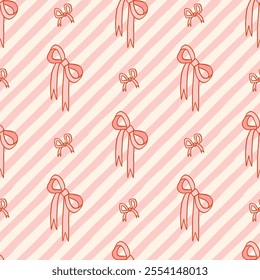 Vector colorful Bow knots, pink gift ribbon bows seamless pattern. Hand drawn bow repeated illustration. Wedding celebration, holiday, party decoration gift texture concept. Girly coquette background
