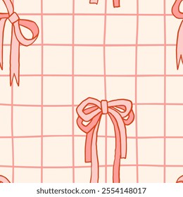 Vector colorful Bow knots, pink gift ribbon bows seamless pattern. Hand drawn bow repeated illustration. Wedding celebration, holiday, party decoration gift texture concept. Girly coquette background