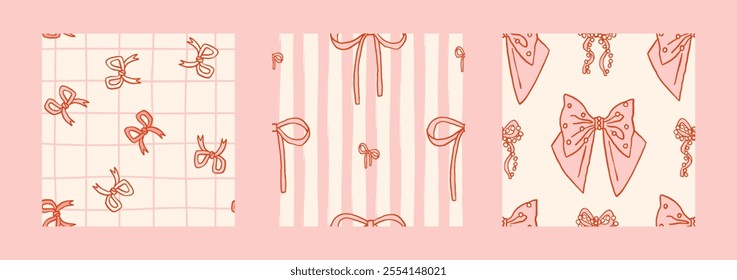 Vector colorful Bow knots, pink gift ribbon bows seamless pattern. Hand drawn bow repeated illustration. Wedding celebration, holiday, party decoration gift texture concept. Girly coquette background