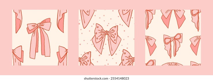 Vector colorful Bow knots, pink gift ribbon bows seamless pattern. Hand drawn bow repeated illustration. Wedding celebration, holiday, party decoration gift texture concept. Girly coquette background