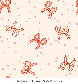 Vector colorful Bow knots, pink gift ribbon bows seamless pattern. Hand drawn bow repeated illustration. Wedding celebration, holiday, party decoration gift texture concept. Girly coquette background