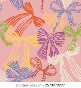 Vector colorful bows seamless pattern. Hand-drawn gift bow isolated on pink background. Holiday illustration for design, print, fabric or background.