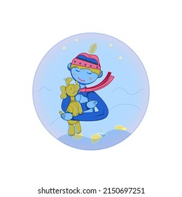 Vector colorful boy dressed in a pink hat with feather hugging a dog, both surrounded by water waves, stones, paper ship. Pet by one paw is standing on stone among water so the kid is like saving him