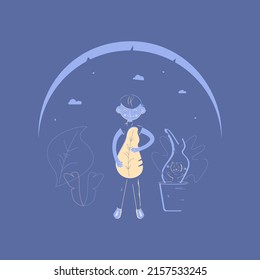 Vector colorful boy, kid holding a big yellow leaf, there is a flower pot with leaves and sitting in it cat pet nearby him. Standing smiling child and kitten with paws up sitting among leaves.