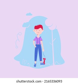 Vector colorful boy kid standing nearby tree and holding a small branch on summer bright day. Child or young male with cat pet playing with branch. Background includes grass, tree, flower and clouds.