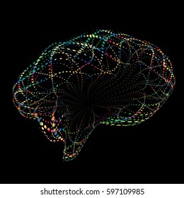 Vector Colorful Brain Consisting Of Points. Abstract Brain Shape Grid. Technology Style. Dots Networks