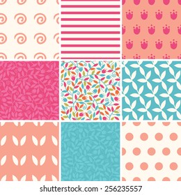 Vector colorful branches set of nine matching repeating patterns backgrounds