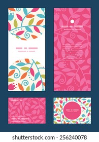 Vector colorful branches vertical frame pattern invitation greeting, RSVP and thank you cards set
