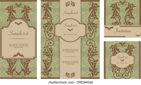 Vector colorful branches vertical frame pattern invitation greeting and thank you cards set