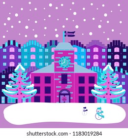 Vector. Colorful bright buildings on the hills and trees. Houses on pink, blue and white colors.