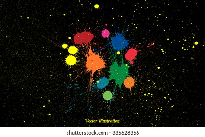 Vector colorful bright ink splashes over black. Element for your designs, projects, promotional sales and other your projects. Elements on separate layers for comfortable use. Just add your text