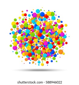 Vector colorful bright rainbow colors circle confetti round papers isolated on white background. Birthday template and Holiday design element.
