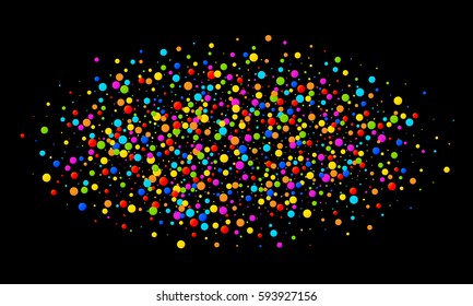 Vector colorful bright rainbow colors oval cloud confetti round papers isolated on black background. Birthday template and Holiday design element. 