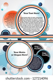 Vector colorful brochure with orange, blue, dark blue, white rainbow and place for text and photo