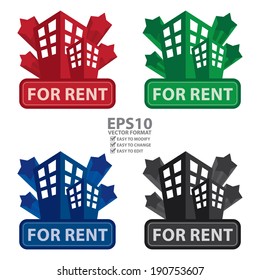 Vector : Colorful Building, Apartment or Office For Rent Icon or Label Isolated on White Background