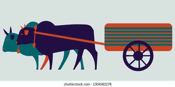 Vector colorful bull carriage, Indian animals, Asia