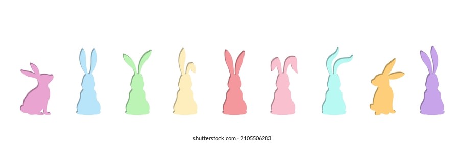 Vector colorful bunnies is sitting with his back at white background. Easter horizontal banner.