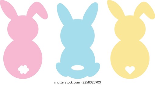 Vector colorful bunnies is sitting with his back at white background. illustration