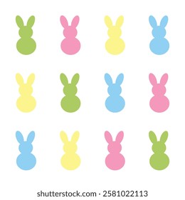 Vector colorful bunnies is sitting with his back at white background. Easter banner.