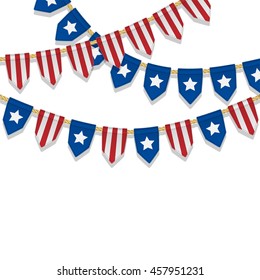Vector colorful bunting decoration in colors of USA flag. Garland, pennants on a rope for american party, carnival, festival, celebration, special events. Patriotic background with stars and stripes.