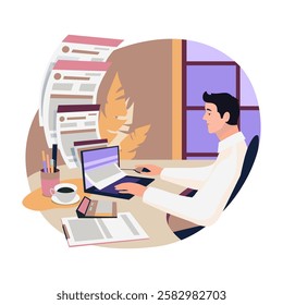 Vector colorful, businessman entrepreneur uploading the annual tax report into the system, office, laptop, documents, securities, workspace. Vector illustration