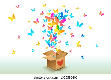 Vector colorful butterflies from open cardboard box. Surprise for birthday, wedding or other holiday.