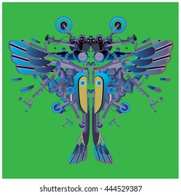 Vector colorful butterfly illustration and character design. Robot made from part motorcycle. Machine robot flying design.