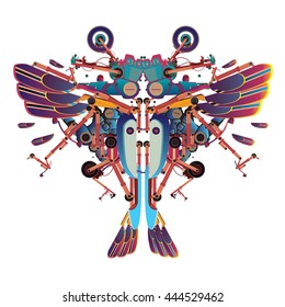 Vector colorful butterfly illustration and character design. Robot made from part motorcycle. Machine robot flying design.