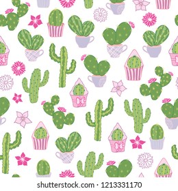 Vector colorful cacti tea party seamless pattern background. Perfect for kids room decor, fabric, wallpaper, scrapbooking projects, gift wrapping paper.