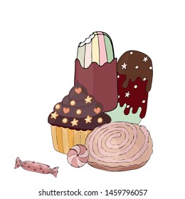 Vector colorful cake, cupcake, candy and ice cream isolated on the white. Sweet dessert for menu, sticker, card and other design.