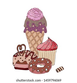 Vector colorful cake, cupcake, candy and ice cream isolated on the white. Sweet dessert for menu, sticker, card and other design.