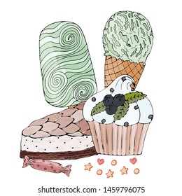 Vector colorful cake, cupcake, candy and ice cream isolated on the white. Sweet dessert for menu, sticker, card and other design.