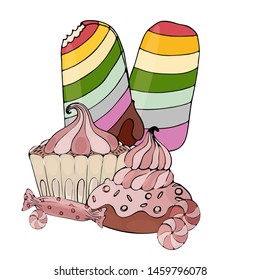 Vector colorful cake, cupcake, candy and ice cream isolated on the white. Sweet dessert for menu, sticker, card and other design.