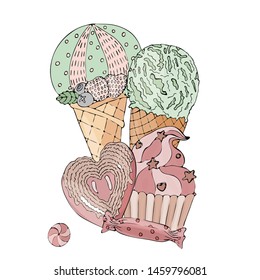 Vector colorful cake, cupcake, candy and ice cream isolated on the white. Sweet dessert for menu, sticker, card and other design.