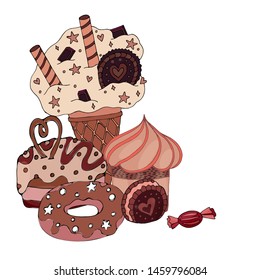 Vector colorful cake, cupcake, candy and ice cream isolated on the white. Sweet dessert for menu, sticker, card and other design.