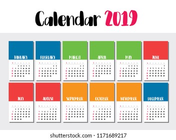 Vector colorful calendar template for 2019 new year. Week starts on Sunday. Basic grid.