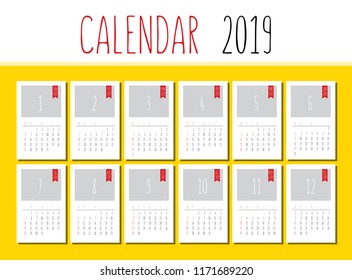 Vector colorful calendar template for 2019 new year. Week starts on Sunday. Basic grid.