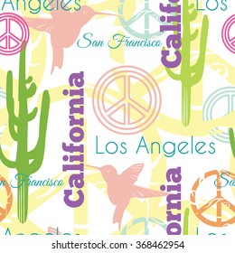 Vector Colorful California Animals Travel Seamless Pattern with Los Angeles, San Francisco, Hummingbirds, and Peace Symbols.