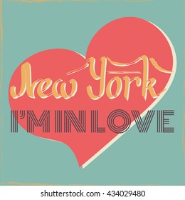 Vector colorful calligraphy lettering New York, Im in Love. Heart. Vintage or retro style. Hand drawn by ink. Travel poster, card, postcard, banner, print for t-shirt. Brooklyn bridge, symbol of USA.