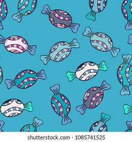 Vector. Colorful Candy seamless. On blue, black and neutral colors.