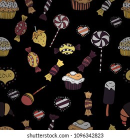 Vector. Colorful Candy seamless. On black, white and yellow colors.