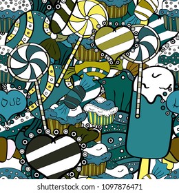 Vector. Colorful Candy seamless. On blue, white and black colors.